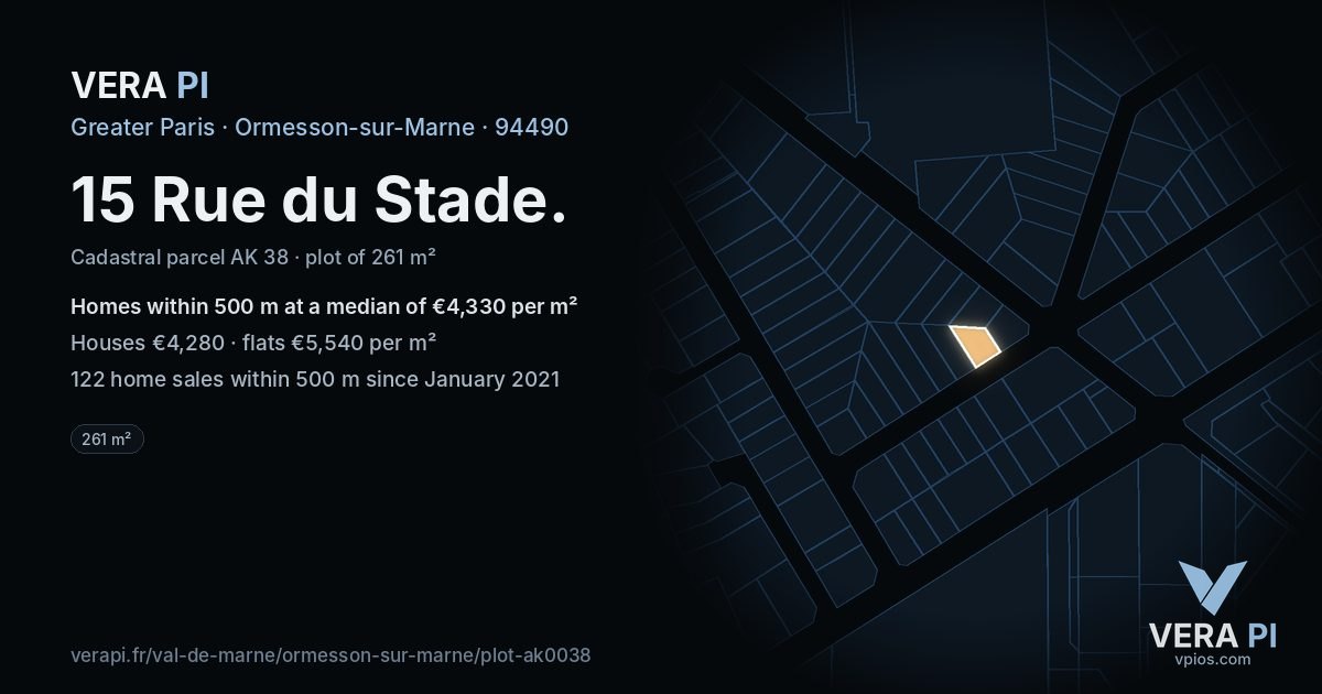 15 Rue du Stade, Ormesson-sur-Marne at night – the plot lit, the parcels around coloured by the prices near them