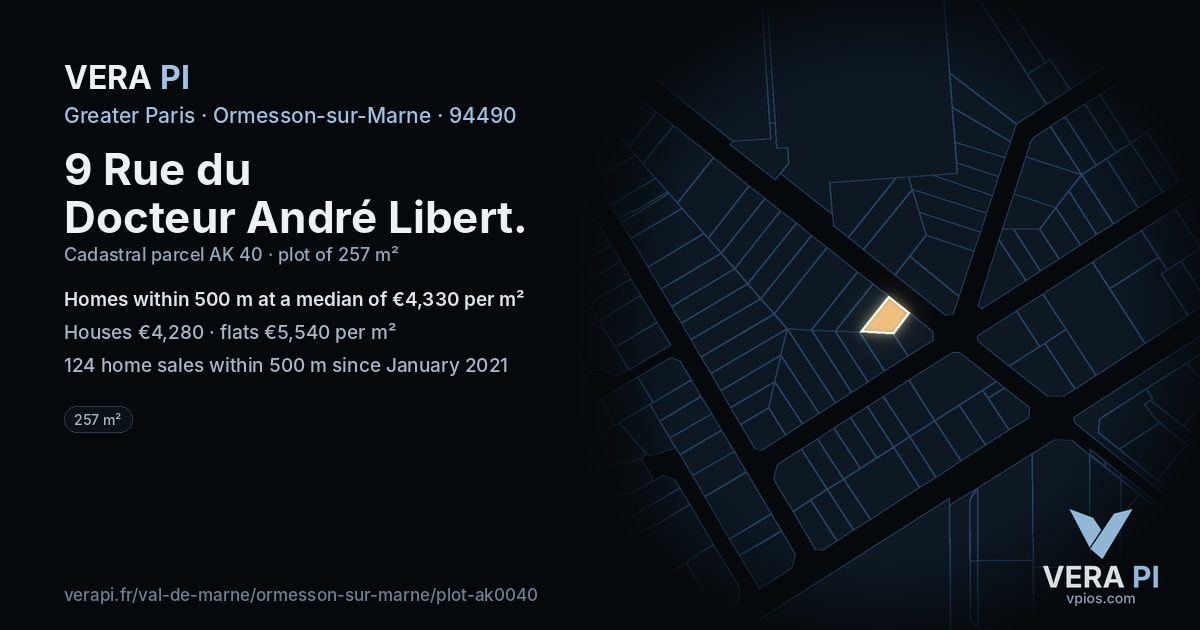 9 Rue du Docteur André Libert, Ormesson-sur-Marne at night – the plot lit, the parcels around coloured by the prices near them
