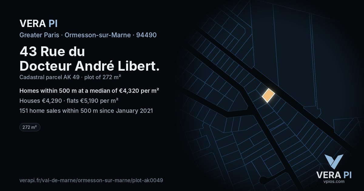 43 Rue du Docteur André Libert, Ormesson-sur-Marne at night – the plot lit, the parcels around coloured by the prices near them