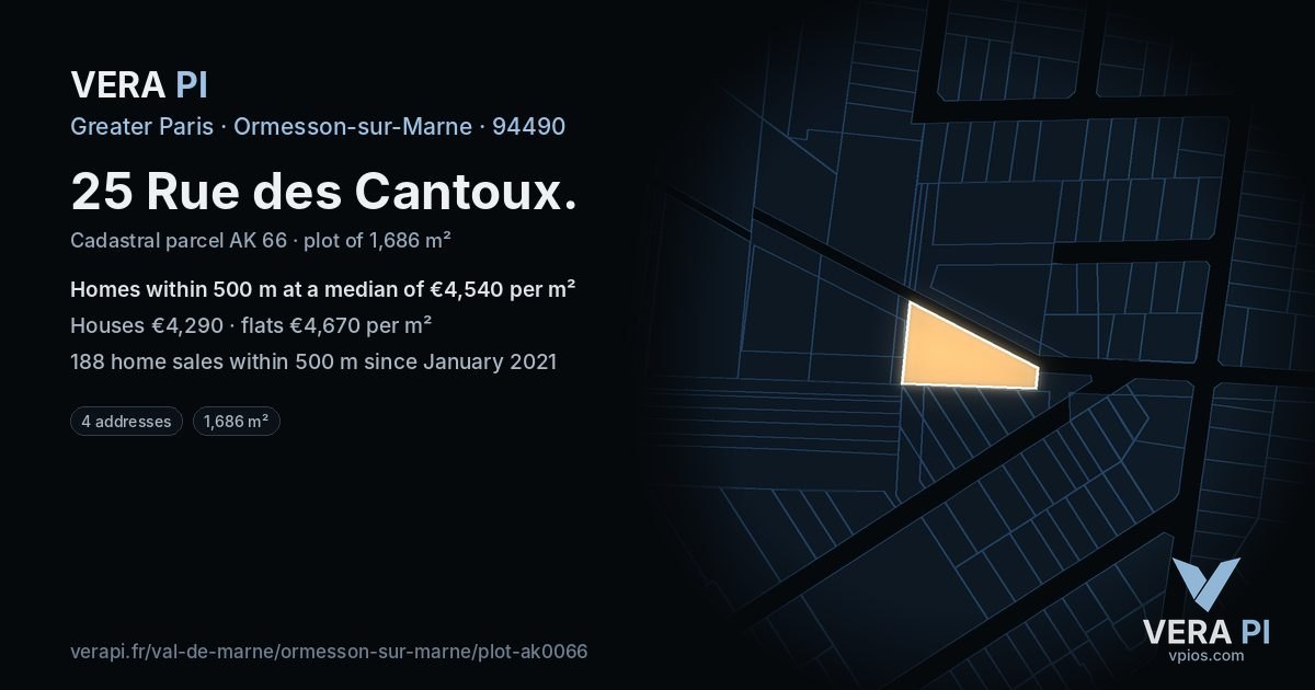 25 Rue des Cantoux, Ormesson-sur-Marne at night – the plot lit, the parcels around coloured by the prices near them