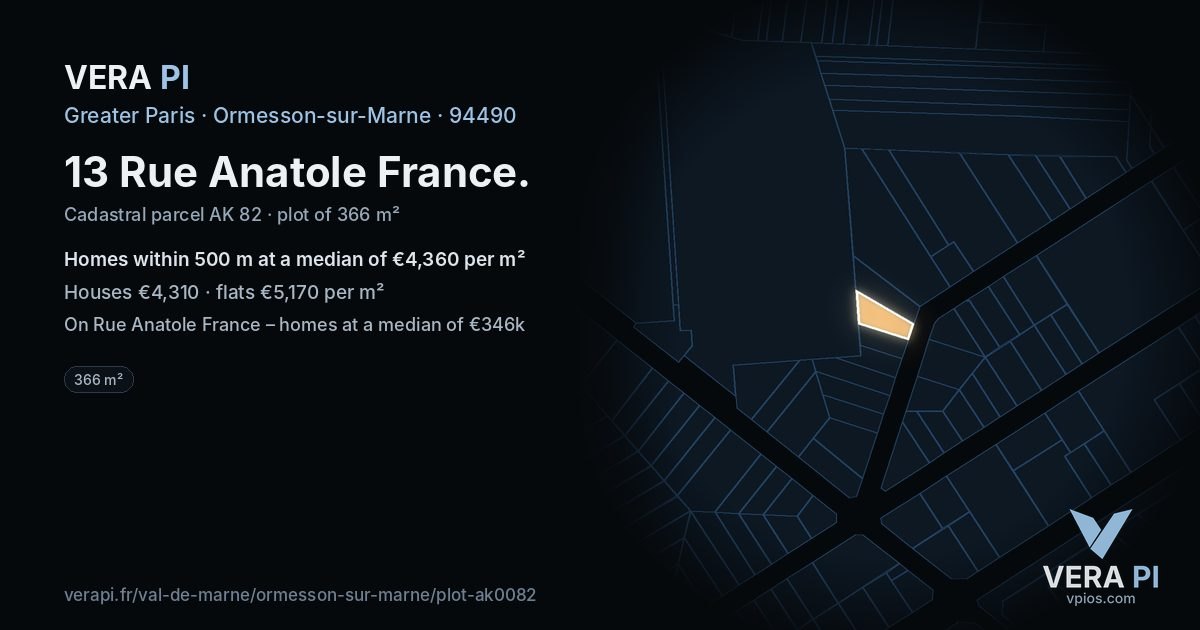 13 Rue Anatole France, Ormesson-sur-Marne at night – the plot lit, the parcels around coloured by the prices near them
