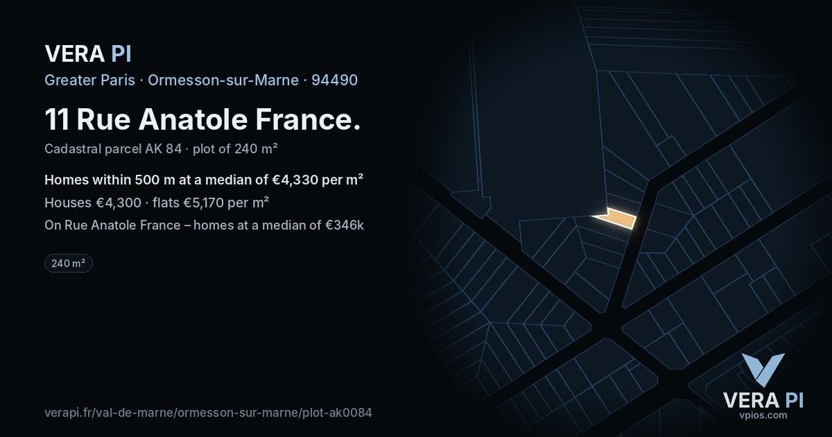 11 Rue Anatole France, Ormesson-sur-Marne at night – the plot lit, the parcels around coloured by the prices near them
