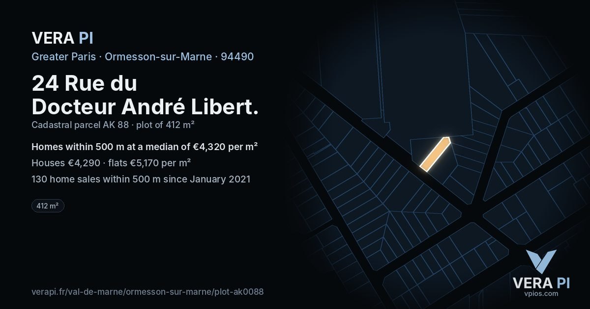 24 Rue du Docteur André Libert, Ormesson-sur-Marne at night – the plot lit, the parcels around coloured by the prices near them