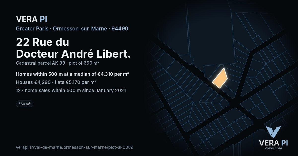 22 Rue du Docteur André Libert, Ormesson-sur-Marne at night – the plot lit, the parcels around coloured by the prices near them
