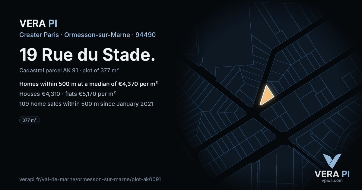 19 Rue du Stade, Ormesson-sur-Marne at night – the plot lit, the parcels around coloured by the prices near them