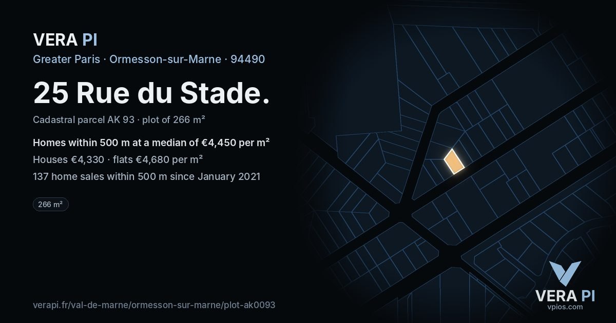 25 Rue du Stade, Ormesson-sur-Marne at night – the plot lit, the parcels around coloured by the prices near them