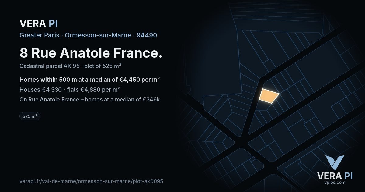 8 Rue Anatole France, Ormesson-sur-Marne at night – the plot lit, the parcels around coloured by the prices near them