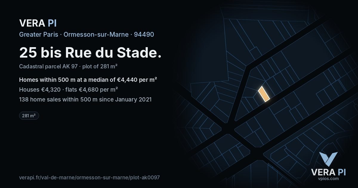 25 bis Rue du Stade, Ormesson-sur-Marne at night – the plot lit, the parcels around coloured by the prices near them