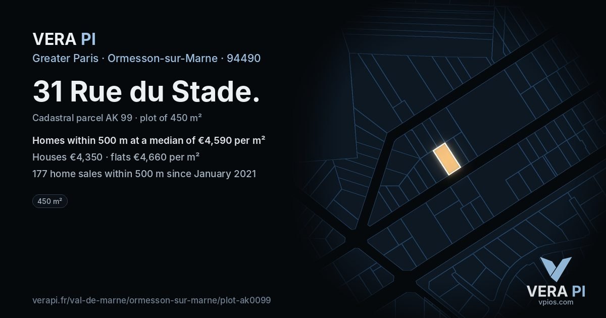 31 Rue du Stade, Ormesson-sur-Marne at night – the plot lit, the parcels around coloured by the prices near them