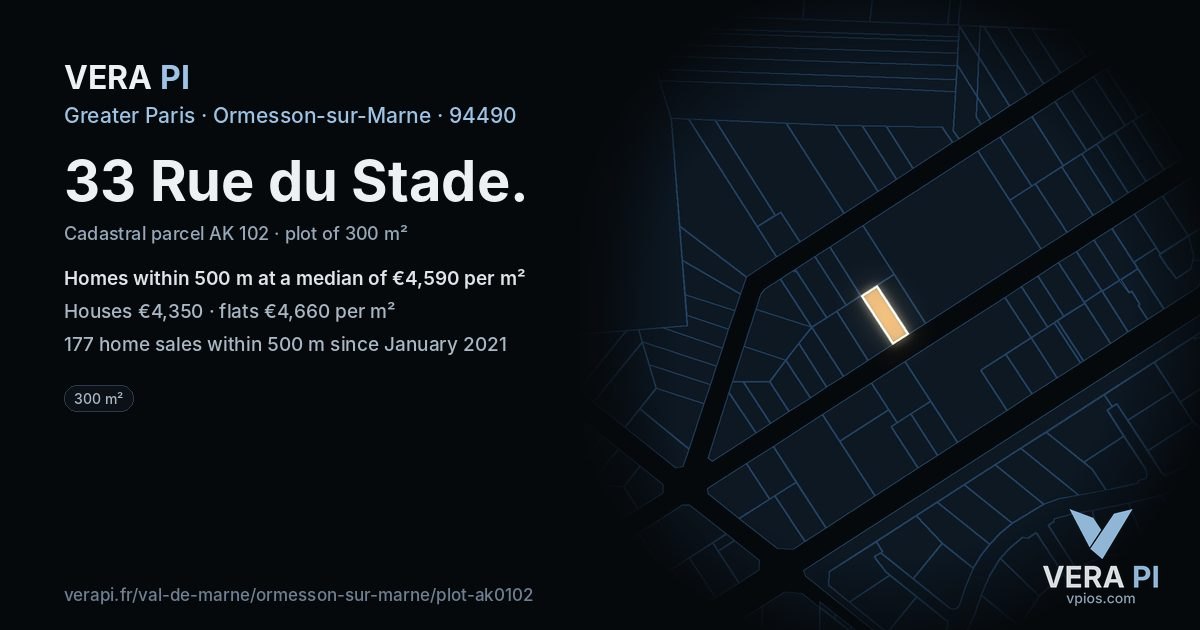 33 Rue du Stade, Ormesson-sur-Marne at night – the plot lit, the parcels around coloured by the prices near them