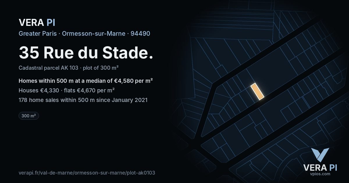 35 Rue du Stade, Ormesson-sur-Marne at night – the plot lit, the parcels around coloured by the prices near them