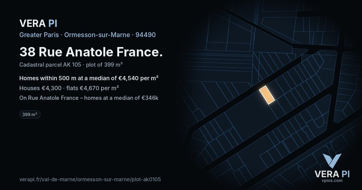 38 Rue Anatole France, Ormesson-sur-Marne at night – the plot lit, the parcels around coloured by the prices near them