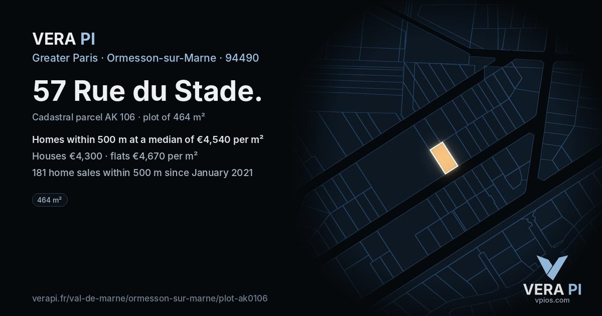 57 Rue du Stade, Ormesson-sur-Marne at night – the plot lit, the parcels around coloured by the prices near them
