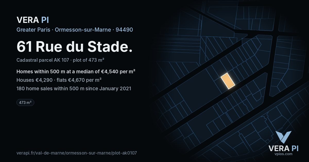 61 Rue du Stade, Ormesson-sur-Marne at night – the plot lit, the parcels around coloured by the prices near them