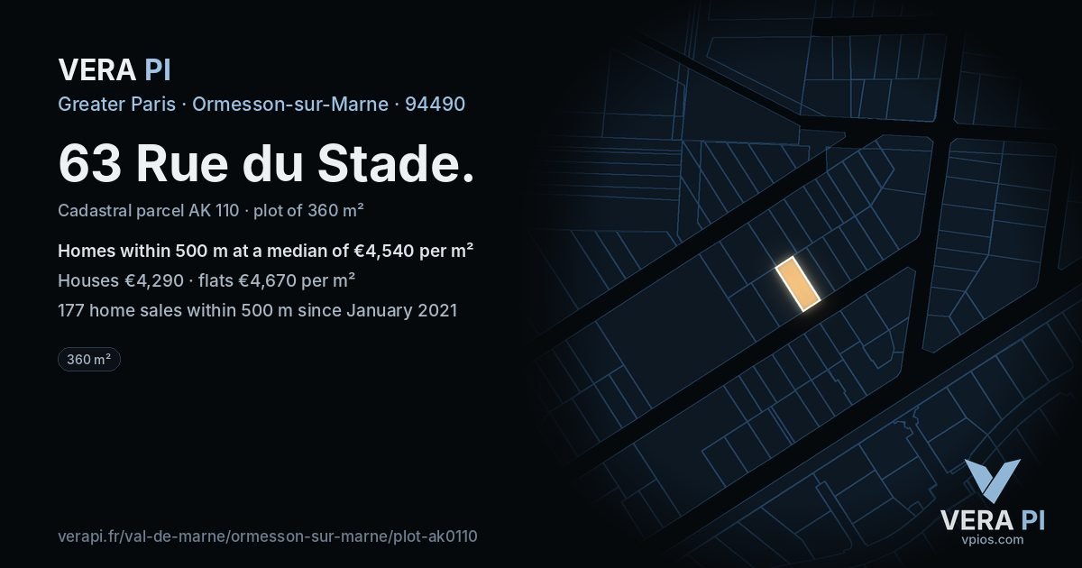 63 Rue du Stade, Ormesson-sur-Marne at night – the plot lit, the parcels around coloured by the prices near them