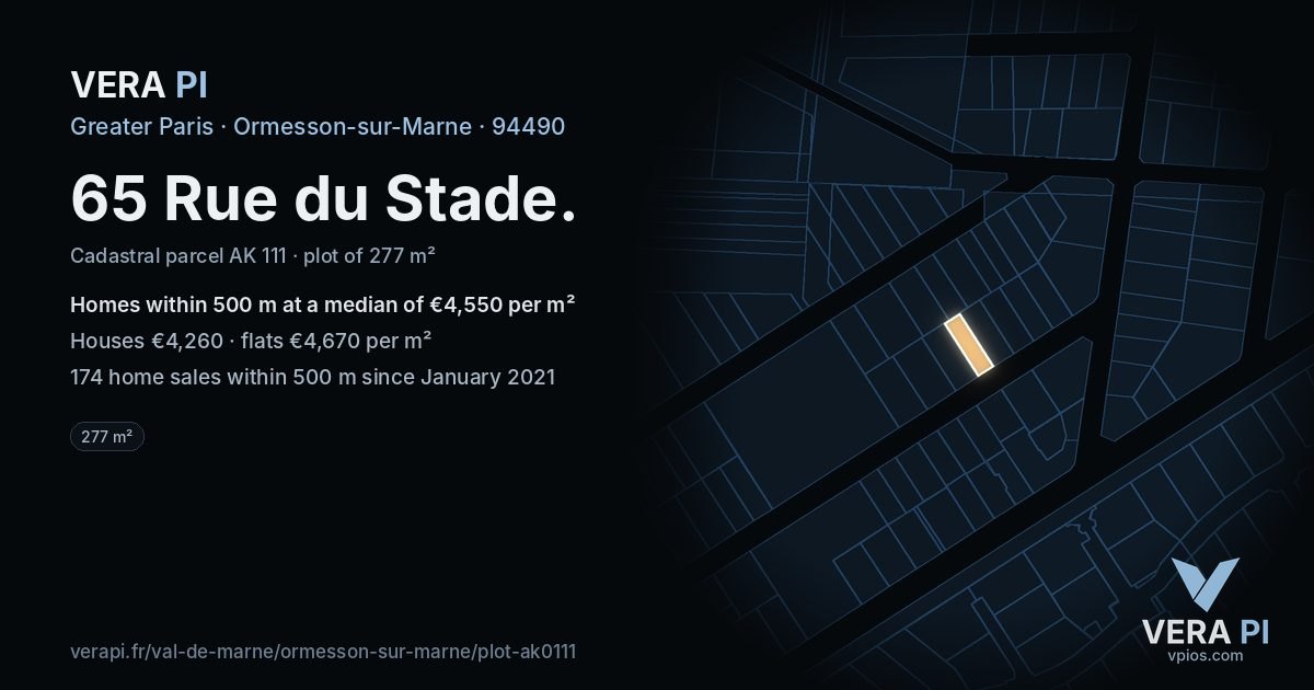 65 Rue du Stade, Ormesson-sur-Marne at night – the plot lit, the parcels around coloured by the prices near them