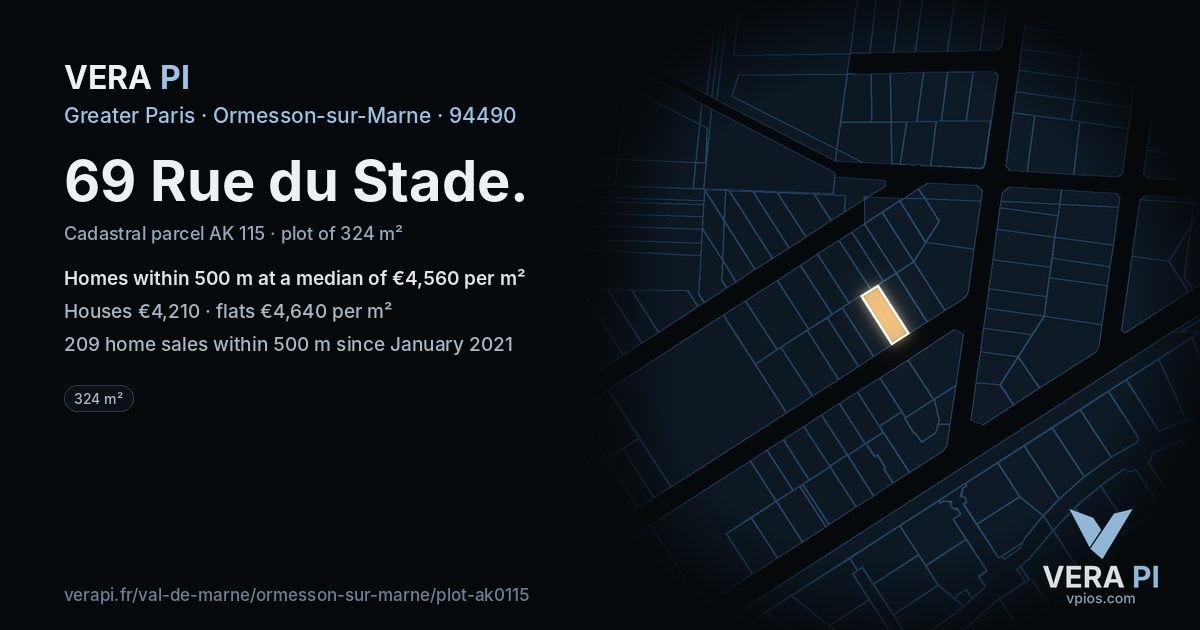 69 Rue du Stade, Ormesson-sur-Marne at night – the plot lit, the parcels around coloured by the prices near them