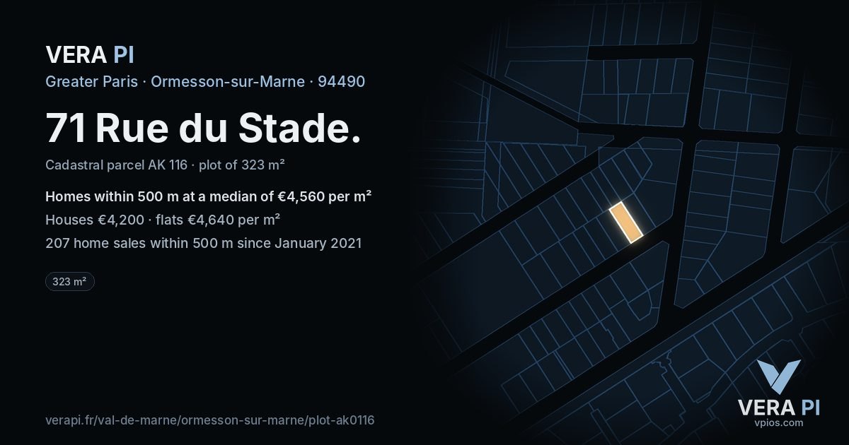 71 Rue du Stade, Ormesson-sur-Marne at night – the plot lit, the parcels around coloured by the prices near them
