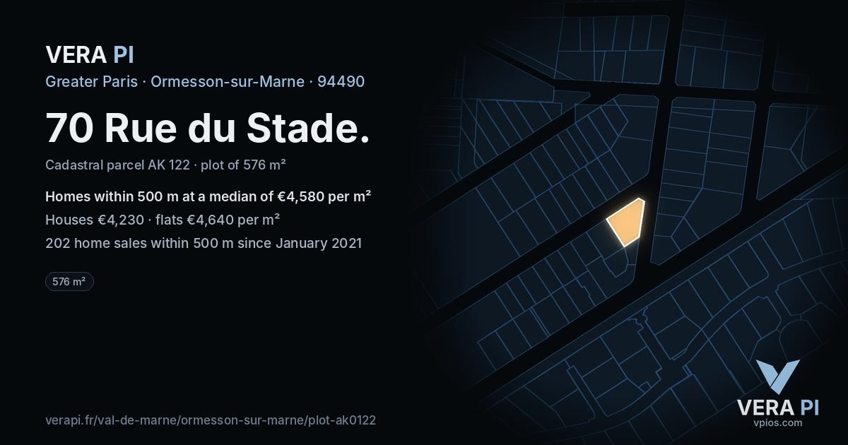 70 Rue du Stade, Ormesson-sur-Marne at night – the plot lit, the parcels around coloured by the prices near them