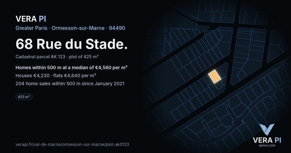 68 Rue du Stade, Ormesson-sur-Marne at night – the plot lit, the parcels around coloured by the prices near them