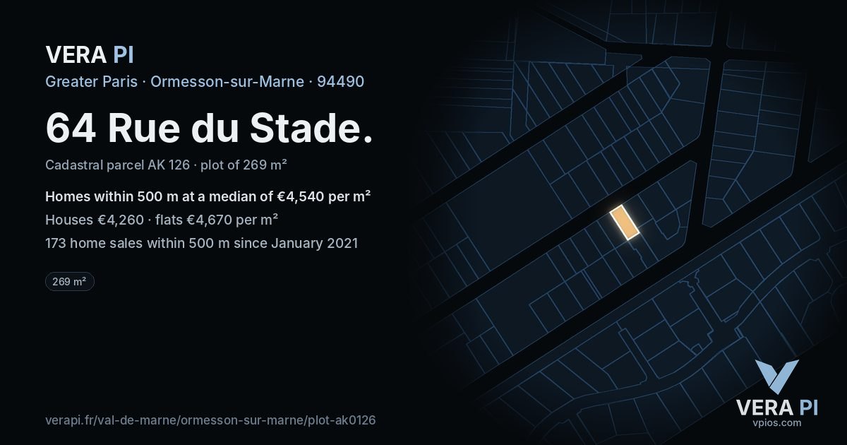 64 Rue du Stade, Ormesson-sur-Marne at night – the plot lit, the parcels around coloured by the prices near them