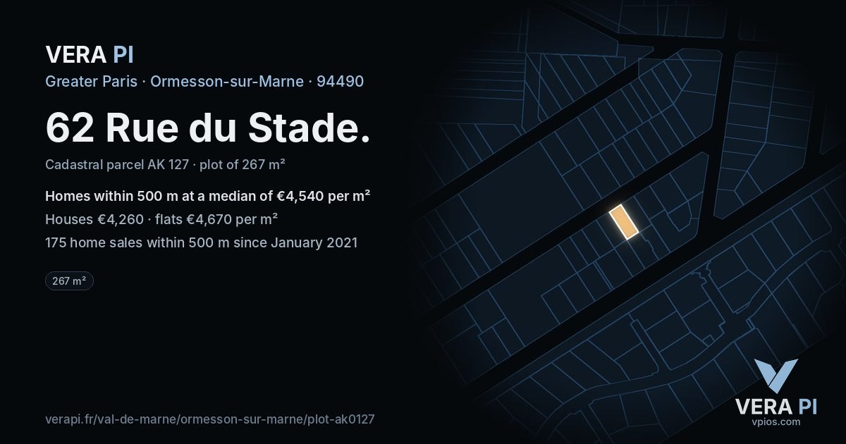 62 Rue du Stade, Ormesson-sur-Marne at night – the plot lit, the parcels around coloured by the prices near them