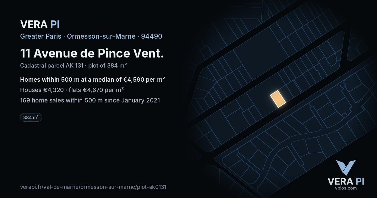 11 Avenue de Pince Vent, Ormesson-sur-Marne at night – the plot lit, the parcels around coloured by the prices near them