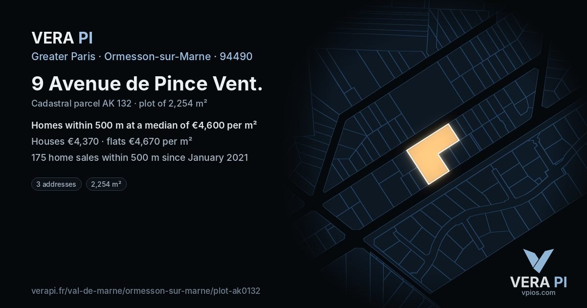 9 Avenue de Pince Vent, Ormesson-sur-Marne at night – the plot lit, the parcels around coloured by the prices near them