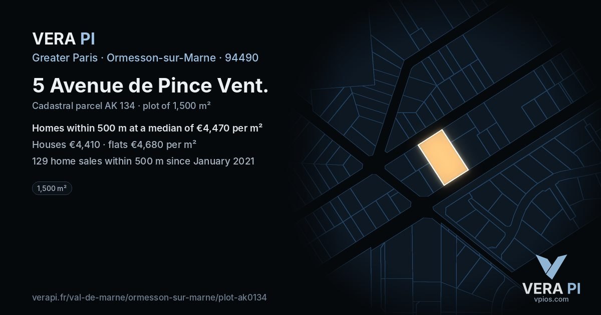 5 Avenue de Pince Vent, Ormesson-sur-Marne at night – the plot lit, the parcels around coloured by the prices near them