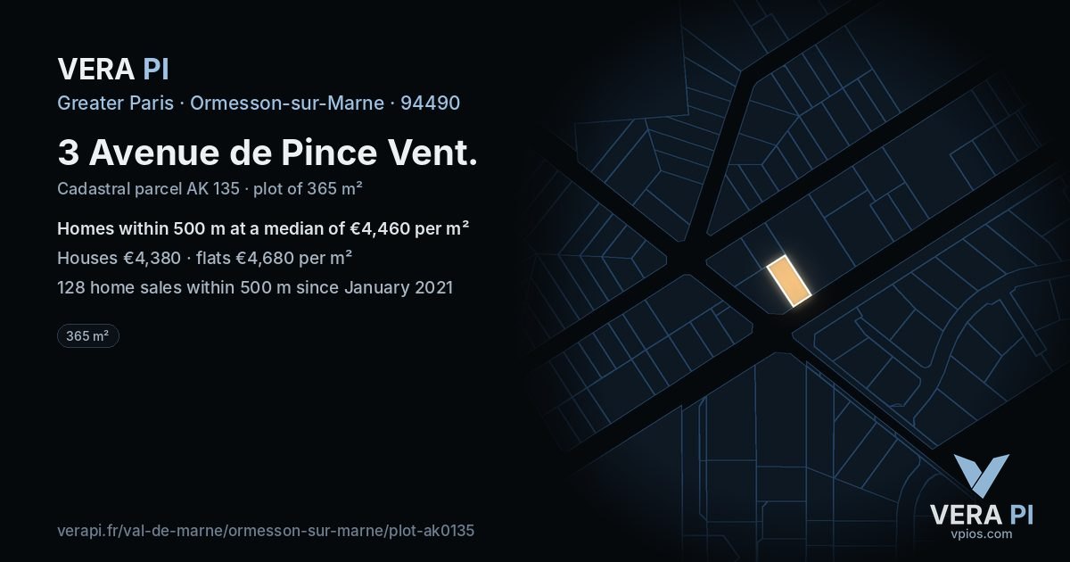 3 Avenue de Pince Vent, Ormesson-sur-Marne at night – the plot lit, the parcels around coloured by the prices near them