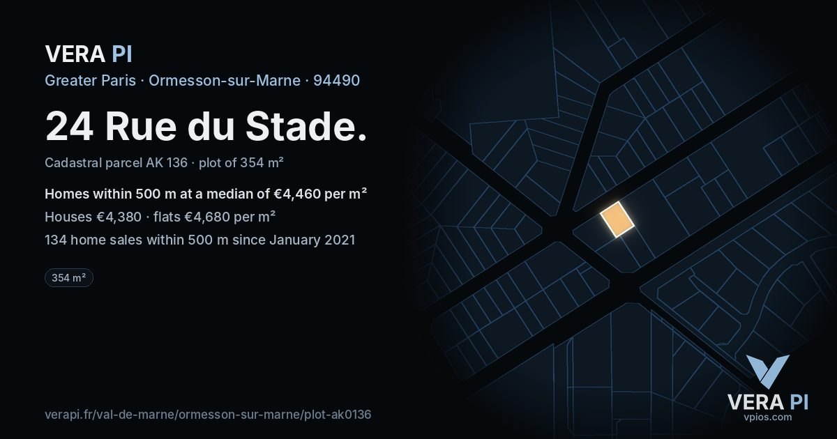 24 Rue du Stade, Ormesson-sur-Marne at night – the plot lit, the parcels around coloured by the prices near them