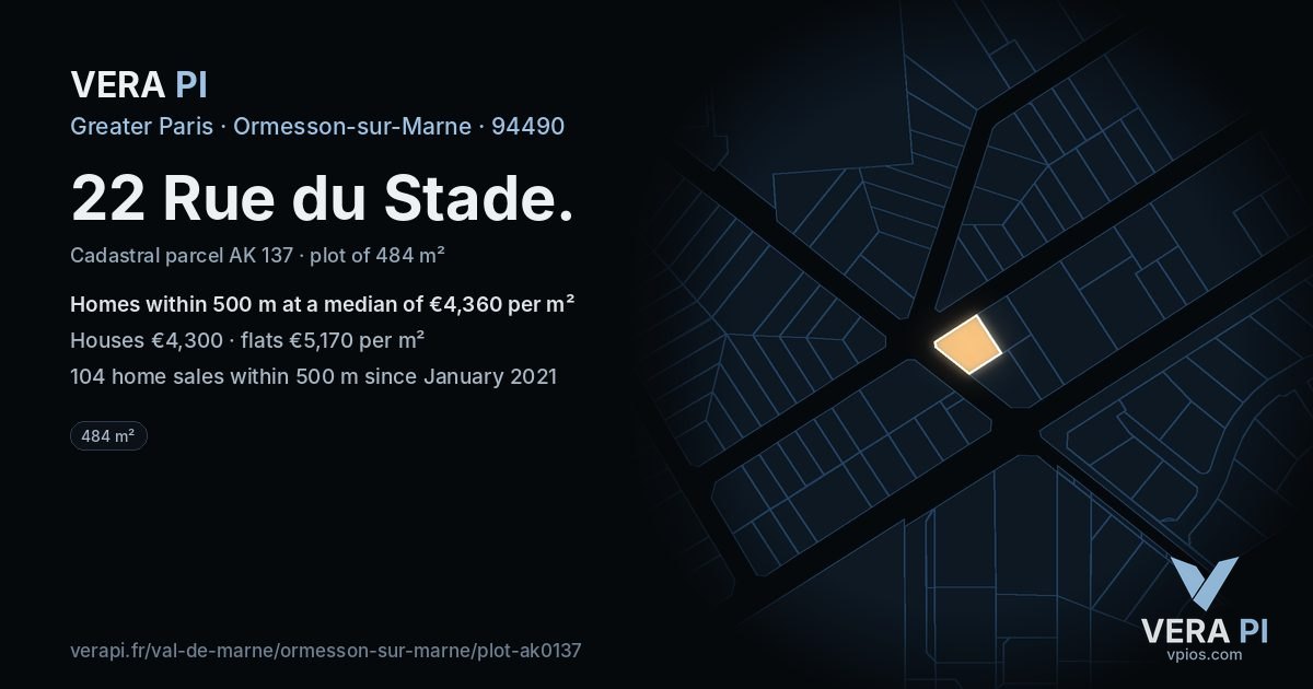 22 Rue du Stade, Ormesson-sur-Marne at night – the plot lit, the parcels around coloured by the prices near them