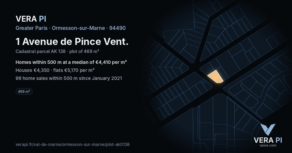 1 Avenue de Pince Vent, Ormesson-sur-Marne at night – the plot lit, the parcels around coloured by the prices near them
