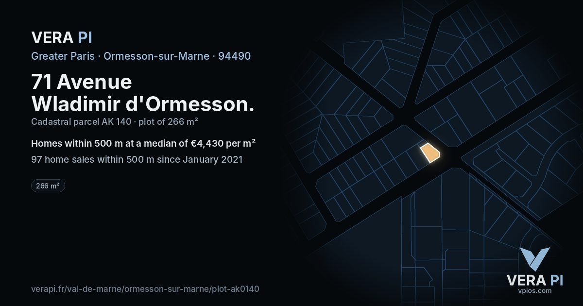 71 Avenue Wladimir d'Ormesson, Ormesson-sur-Marne at night – the plot lit, the parcels around coloured by the prices near them