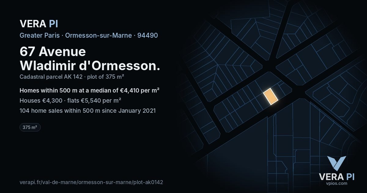 67 Avenue Wladimir d'Ormesson, Ormesson-sur-Marne at night – the plot lit, the parcels around coloured by the prices near them