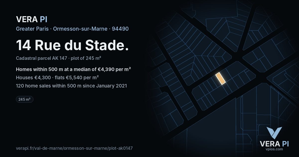 14 Rue du Stade, Ormesson-sur-Marne at night – the plot lit, the parcels around coloured by the prices near them