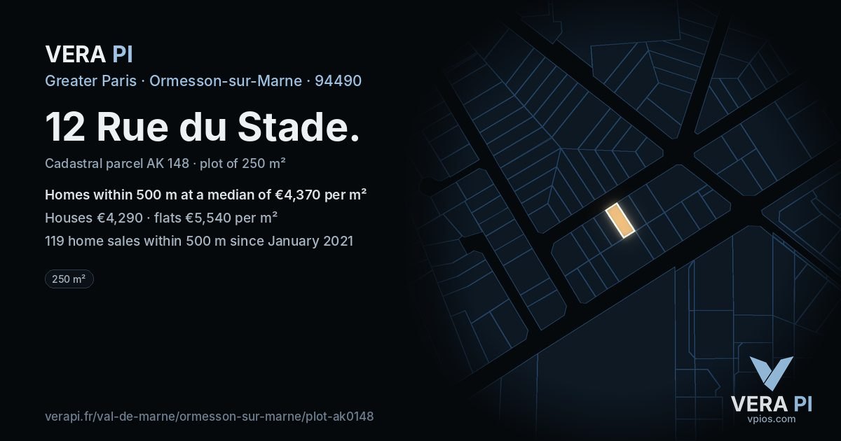 12 Rue du Stade, Ormesson-sur-Marne at night – the plot lit, the parcels around coloured by the prices near them