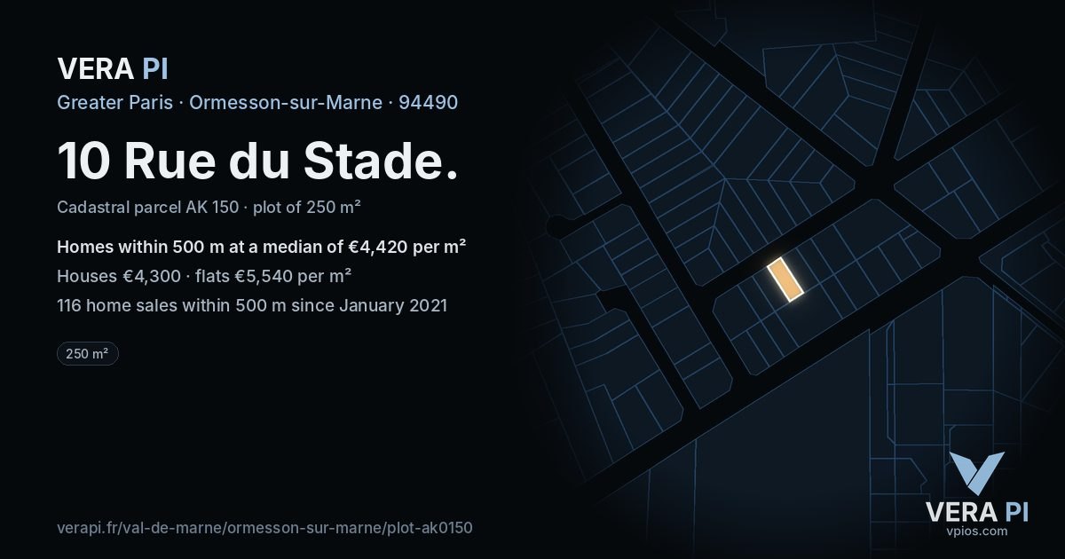 10 Rue du Stade, Ormesson-sur-Marne at night – the plot lit, the parcels around coloured by the prices near them