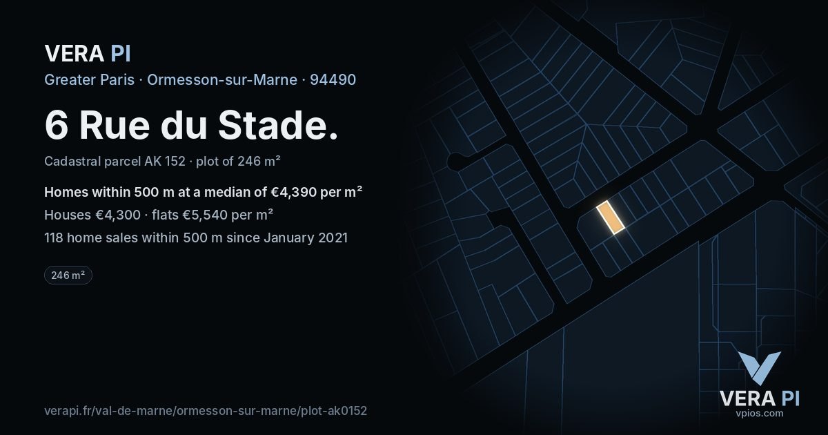 6 Rue du Stade, Ormesson-sur-Marne at night – the plot lit, the parcels around coloured by the prices near them