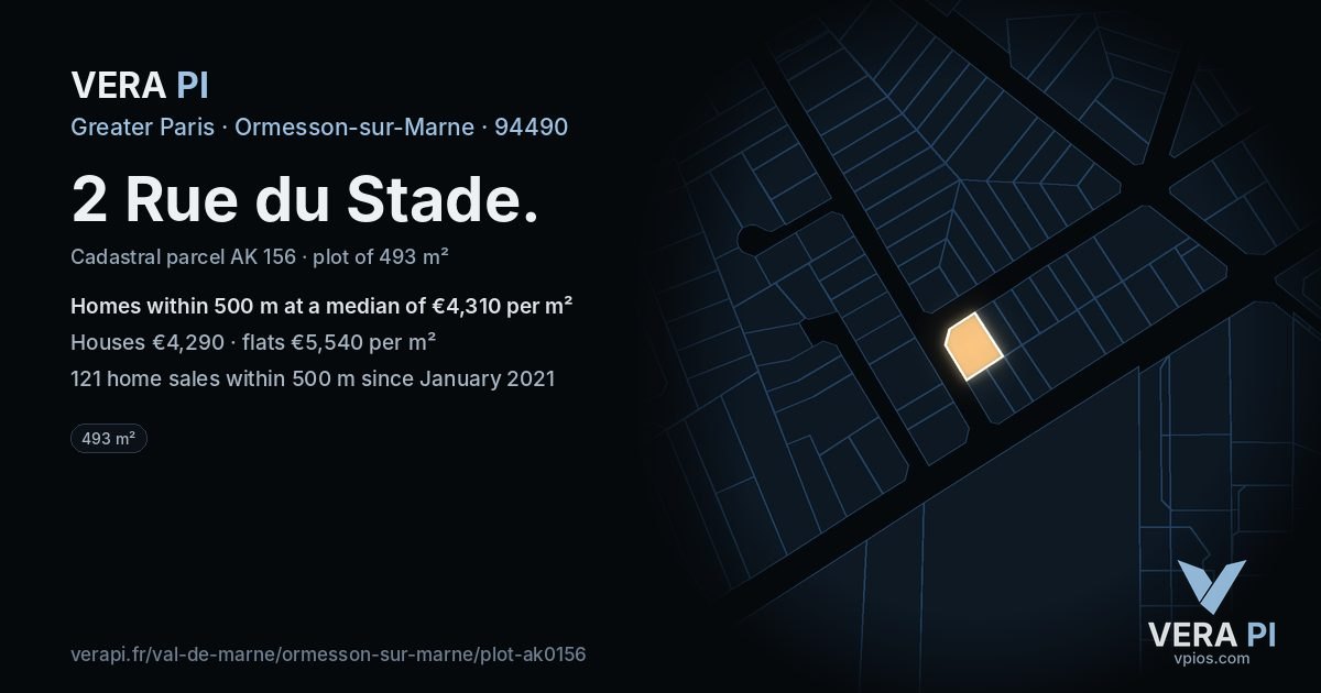 2 Rue du Stade, Ormesson-sur-Marne at night – the plot lit, the parcels around coloured by the prices near them