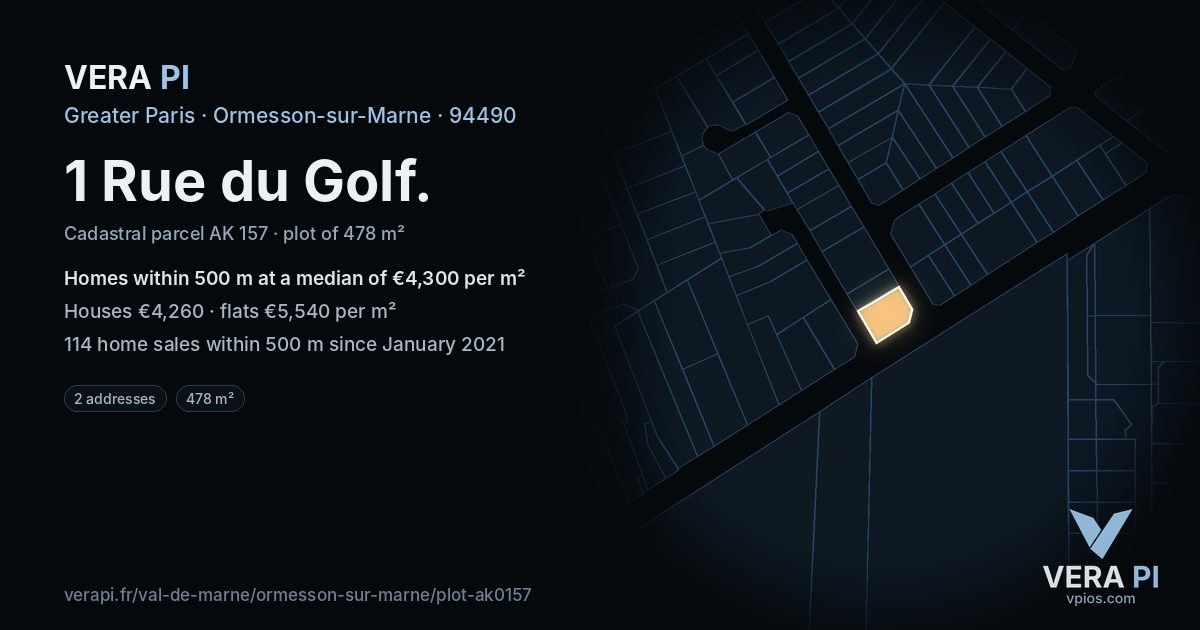 1 Rue du Golf, Ormesson-sur-Marne at night – the plot lit, the parcels around coloured by the prices near them