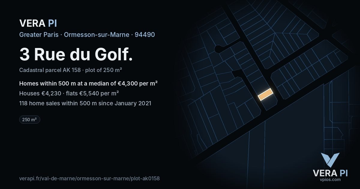 3 Rue du Golf, Ormesson-sur-Marne at night – the plot lit, the parcels around coloured by the prices near them