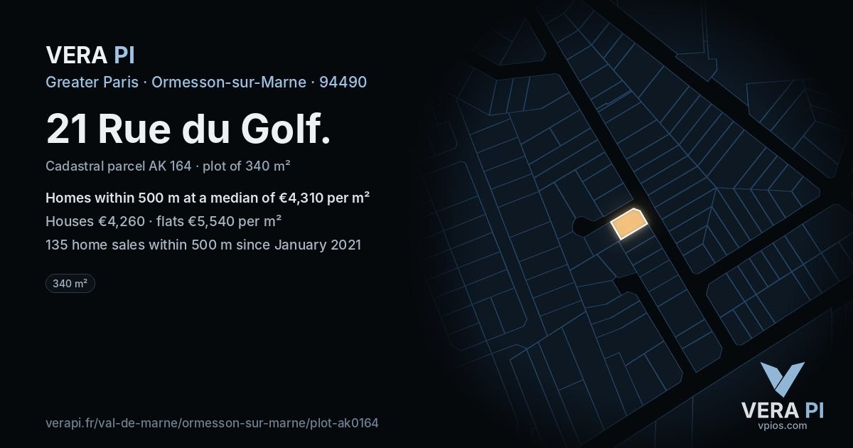 21 Rue du Golf, Ormesson-sur-Marne at night – the plot lit, the parcels around coloured by the prices near them
