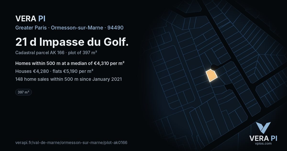 21 d Impasse du Golf, Ormesson-sur-Marne at night – the plot lit, the parcels around coloured by the prices near them