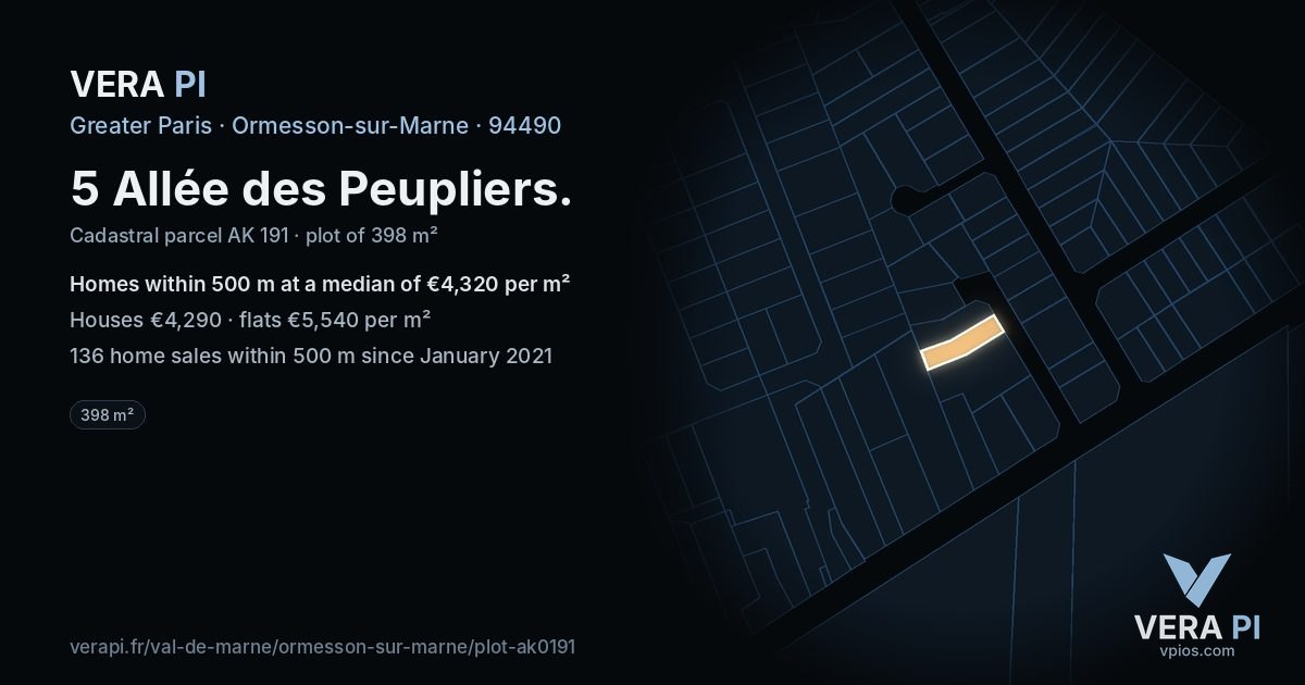 5 Allée des Peupliers, Ormesson-sur-Marne at night – the plot lit, the parcels around coloured by the prices near them