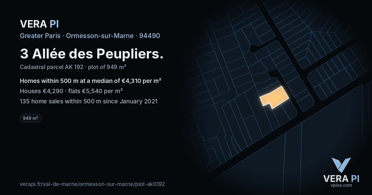 3 Allée des Peupliers, Ormesson-sur-Marne at night – the plot lit, the parcels around coloured by the prices near them