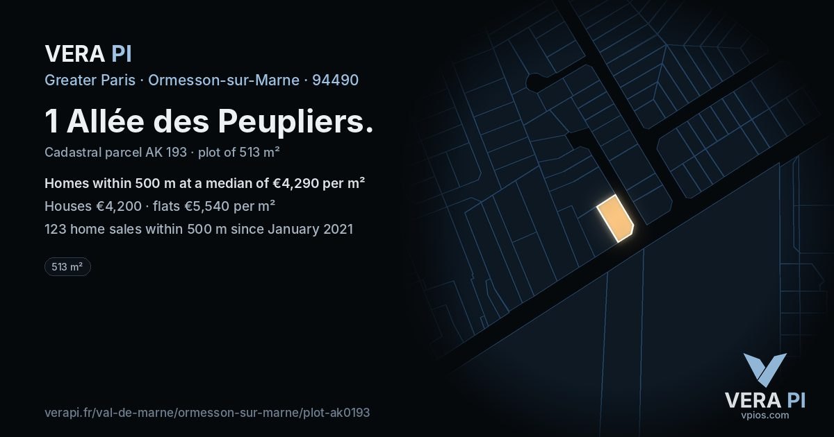 1 Allée des Peupliers, Ormesson-sur-Marne at night – the plot lit, the parcels around coloured by the prices near them