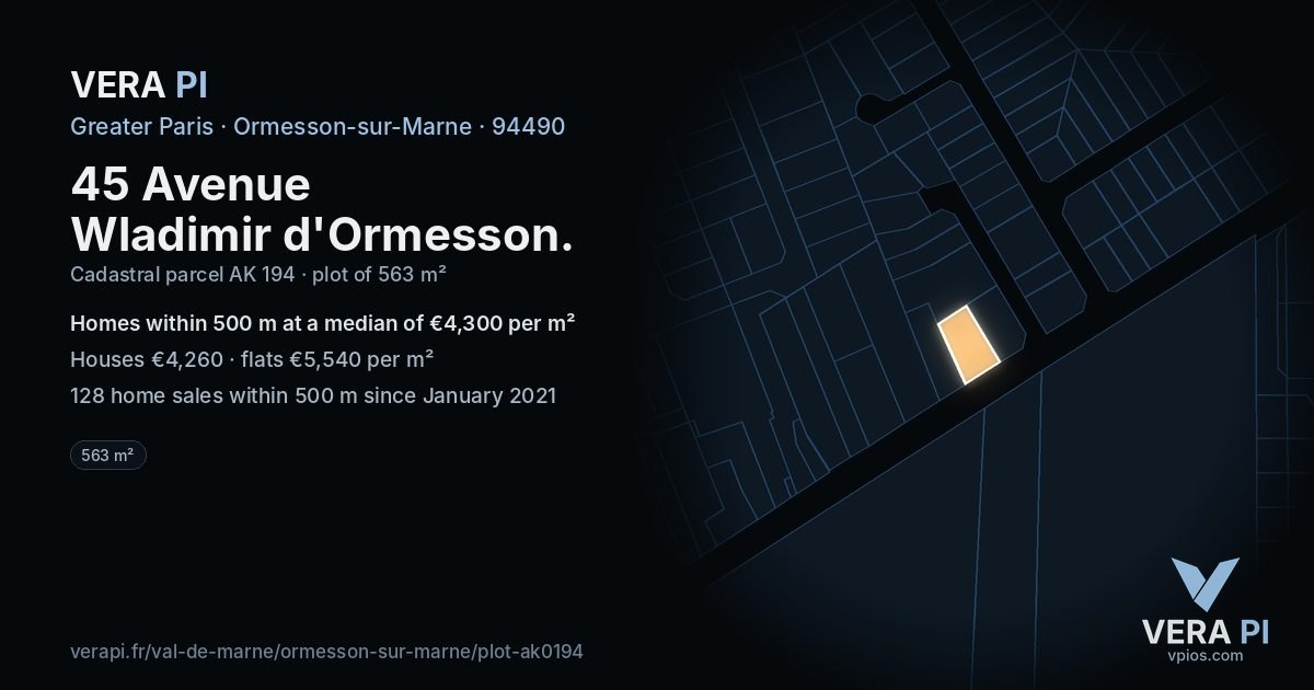 45 Avenue Wladimir d'Ormesson, Ormesson-sur-Marne at night – the plot lit, the parcels around coloured by the prices near them