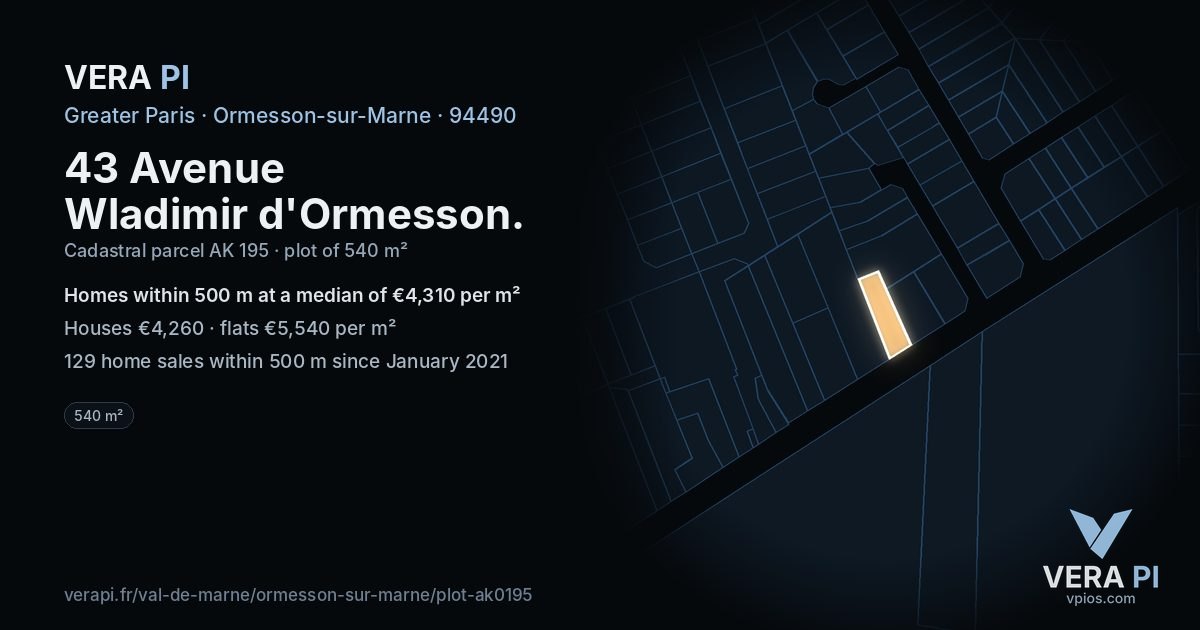 43 Avenue Wladimir d'Ormesson, Ormesson-sur-Marne at night – the plot lit, the parcels around coloured by the prices near them