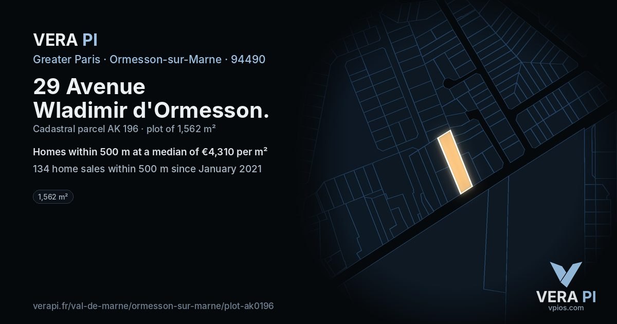 29 Avenue Wladimir d'Ormesson, Ormesson-sur-Marne at night – the plot lit, the parcels around coloured by the prices near them